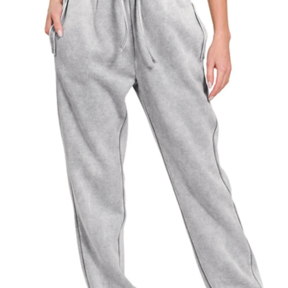 New Zenana Acid Wash Fleece Drawstring Sweatpants Grey Pockets Joggers - Picture 4 of 4